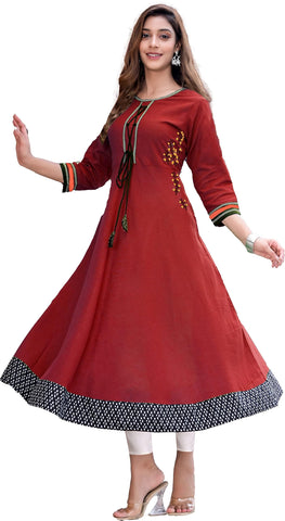 Yash Gallery Women's Cotton Slub Embroidered Anarkali Kurta for Women (Yellow, XL)