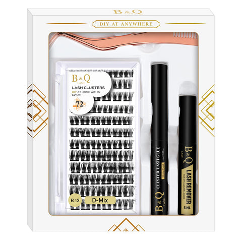 DIY Lash Extension Kit B12 Lash Cluster B&Q DIY Eyelash Extension Kit Individual Lashes Eyelash Clusters with Mascara Brush Eyelash Glue Remover Lash Applicators for DIY Eyelashes Extensions (Kit,B12)
