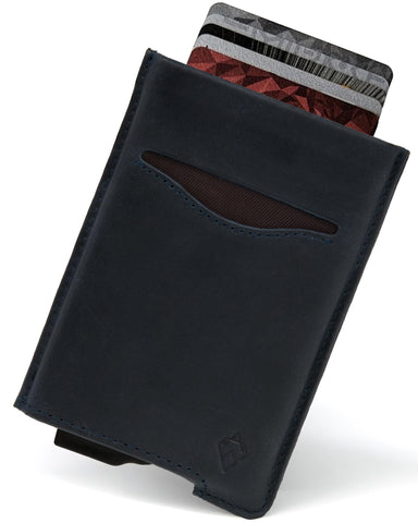 AKIELO RFID Blocking Card Holder Wallet with Gift Box - Stylish Leather Wallet for Men - Contactless Credit Card Protector - Minimalist Blocking Card Wallet (Alpha - Navy Blue Leather Edition)
