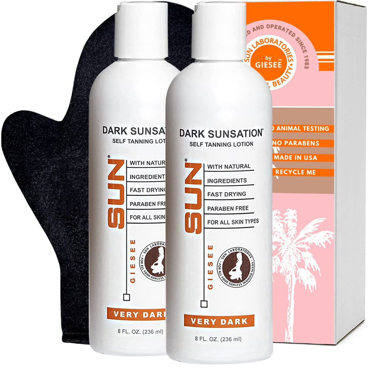 Sun Laboratories Self-Tanning Dark Sunsation Sunless Tanning Lotion and Mitt for a Golden Glow - Very Dark - 2 Pack 8 fl oz Bottles and Mitt