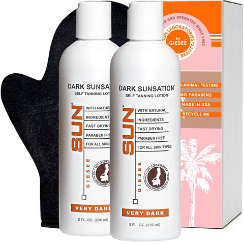 Sun Laboratories Self-Tanning Dark Sunsation Sunless Tanning Lotion and Mitt for a Golden Glow - Very Dark - 2 Pack 8 fl oz Bottles and Mitt
