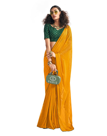 SIRIL Women's Georgette Sequence Work Saree with Unstitched Blouse Piece (3475S707_Turmeric)
