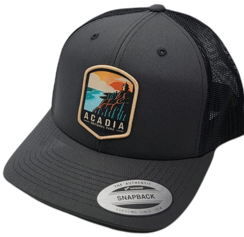 Acadia Trucker Hat with National Park Woven Patch (Grey/Black)