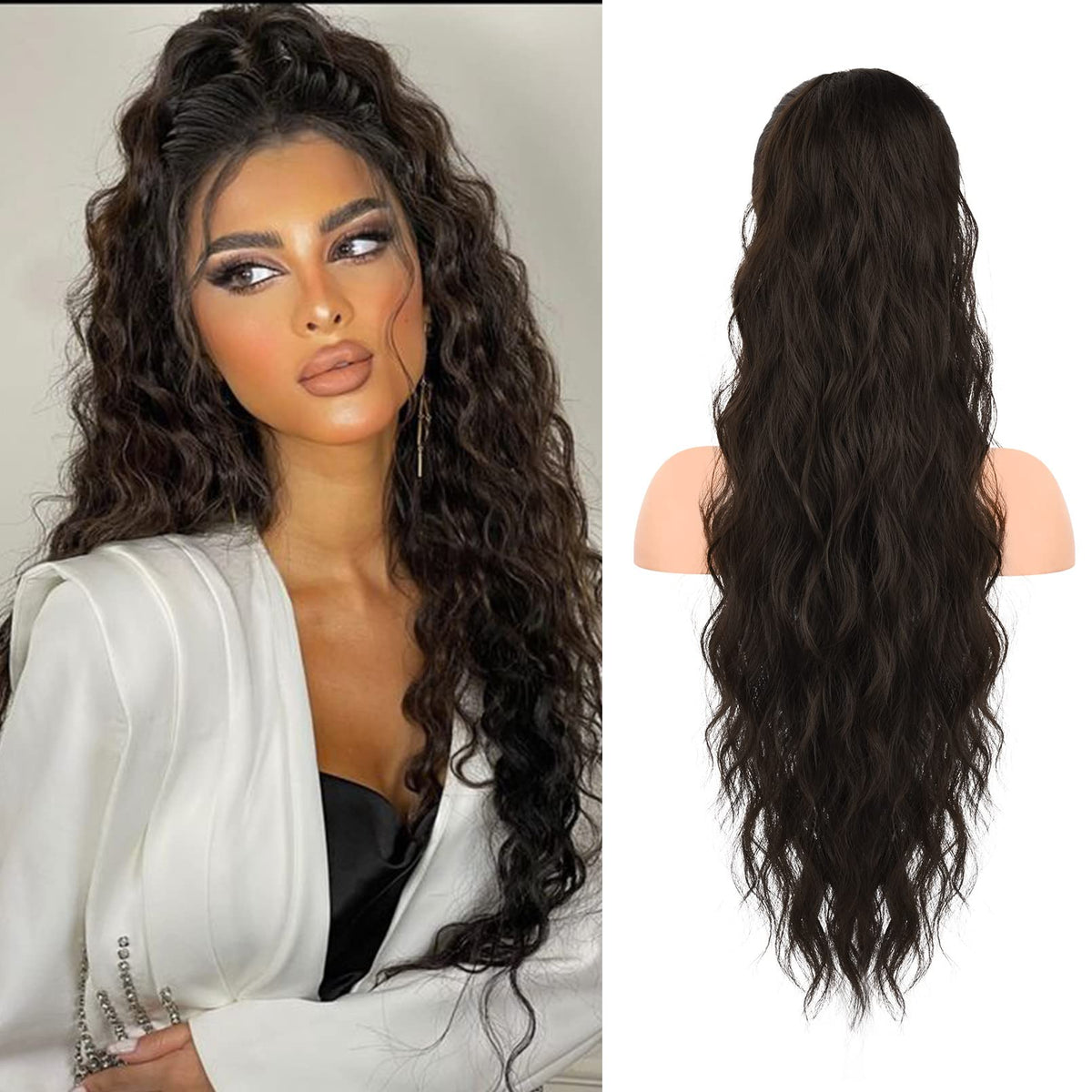 HOOJIH Ponytail Extension, Drawstring Ponytail Hair Extensions 26 Inch Long Curly Wavy Ponytail Natural Wavy Synthetic Hairpiece for Women Daily Use - Black Brown