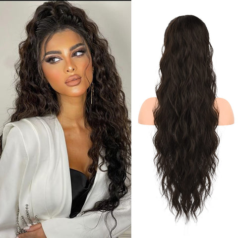 HOOJIH Ponytail Extension, Drawstring Ponytail Hair Extensions 26 Inch Long Curly Wavy Ponytail Natural Wavy Synthetic Hairpiece for Women Daily Use - Black Brown