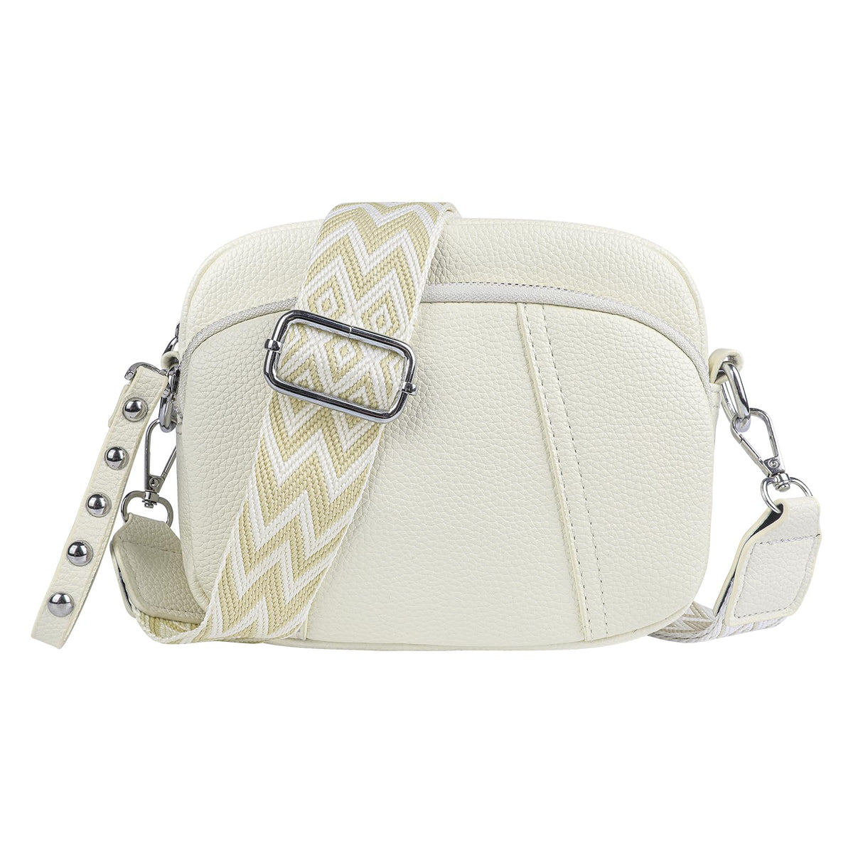 Jangostor Crossbody Bag Women's Wide Strap Leather Shoulder Bag Women's Handbag Women's Crossbody with 3 Zip Compartments and 2 Removable Shoulder Strap, Small Shoulder Bag for Women, Rice white,