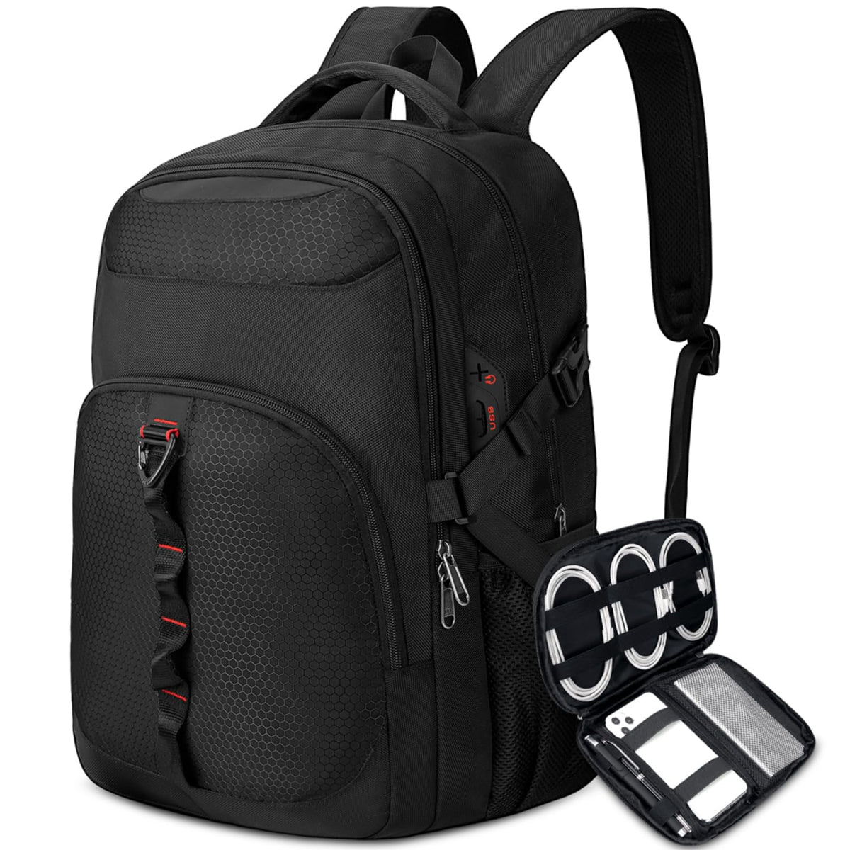 NEWHEY Laptop Backpack Men 17.3 Inch with Cable Organiser Bag Large Rucksacks for Men Water Resistant Laptop Bag Travel Business School Bag Black Black