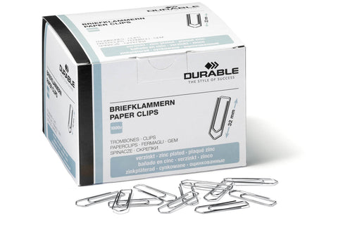 Durable Paper Clips 32mm Zinc Plated - Box of 1000 Clips - For Keeping Important Documents Safely Together - Made in Germany
