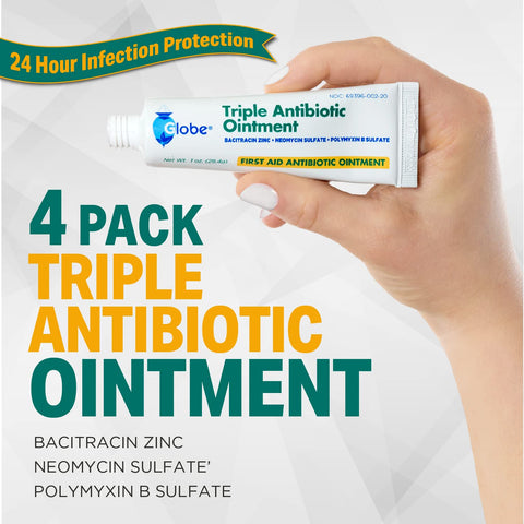 Globe (4 Pack) Triple Antibiotic First Aid Ointment, 1 oz, 24-Hour Infection Protection, Wound Care Treatment for Minor Scrapes, Burns and Cuts