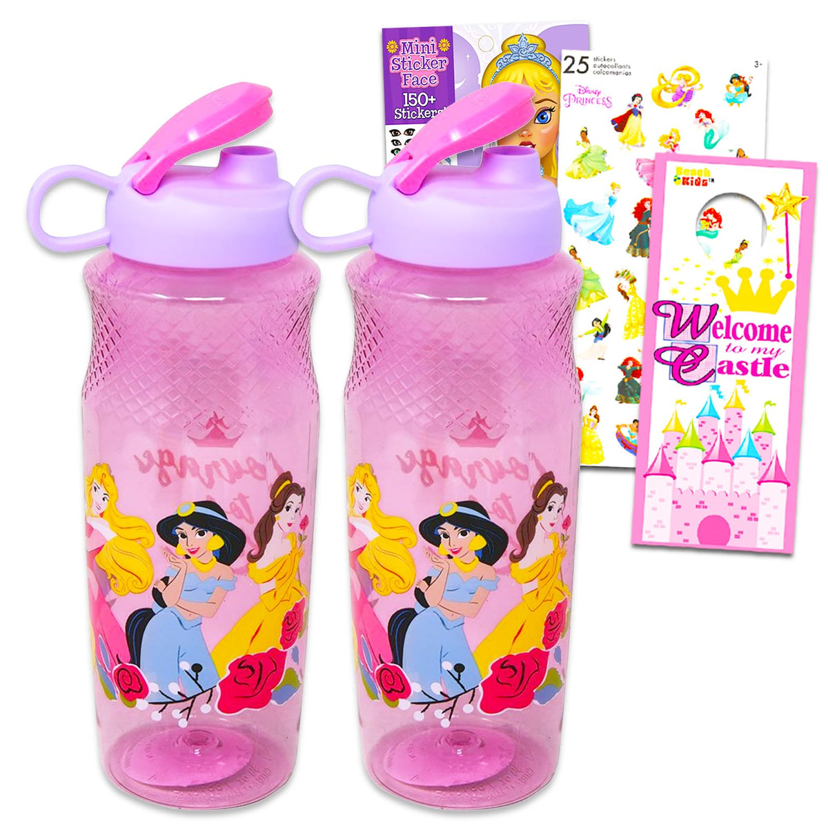 Disney Princess Water Bottle Set for Kids - Bundle with 3 Disney Princess Drinking Bottles, Stickers, and More | Princess Drinking Cups