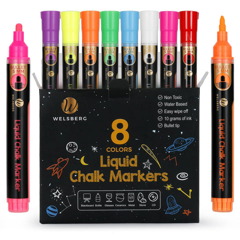 welsberg Liquid Chalk Markers 5mm Reversable Bullet Tip, 10 gr Jumbo Ink, Pack of 8 Colours Chalk Pens for Blackboard, Whiteboard, Window, Glass Erasable Ink