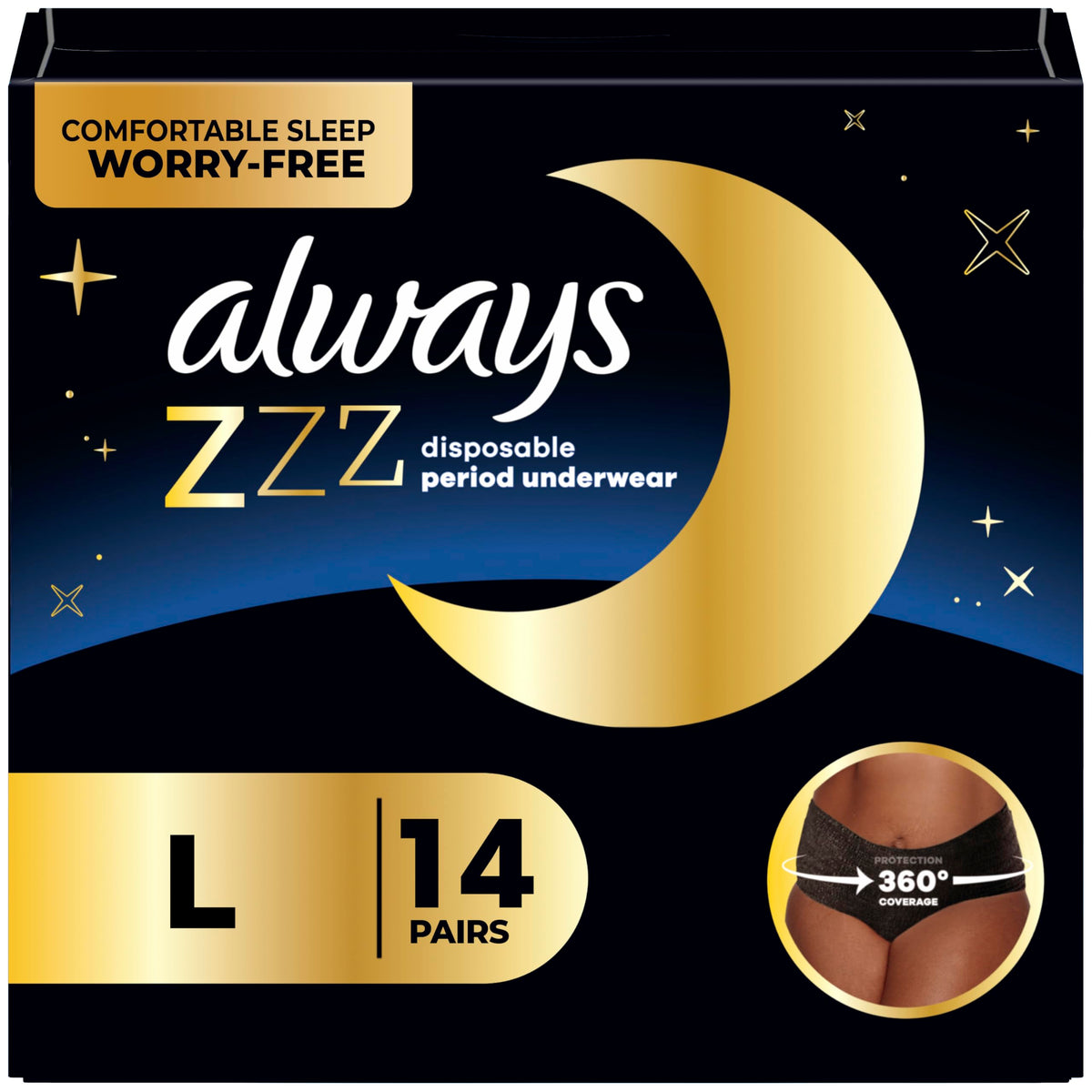 Always ZZZ Overnight Disposable Period Underwear for Women Sz L, 360Â° Coverage for Worry-Free Nights, 7 Count x 2 Pack (14 Count total)