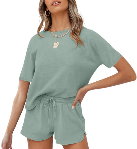 Jhsnjnr Womens Short Sleeve Pajamas Soft Waffle Knit Nightwear 2 Piece Shorts Lounge Pjs Sets Green