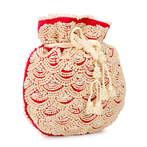 LONGING TO BUY Indian white pearls potli Bag for women, Embrodiered Potli Bag For Women, Hot Pink, M