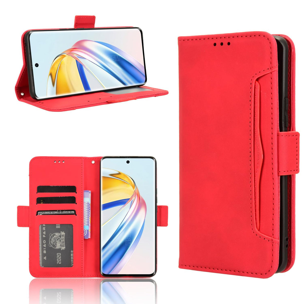 Popular Solid Color Magnetic Flip Cover Phone Cover Compatible with Honor X9b HonorX9b Phone Case Anti-Fall Holder Multi-Card Slot Wallet Clip Phone Shell (Red,Honor X9b)
