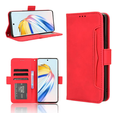 Popular Solid Color Magnetic Flip Cover Phone Cover Compatible with Honor X9b HonorX9b Phone Case Anti-Fall Holder Multi-Card Slot Wallet Clip Phone Shell (Red,Honor X9b)