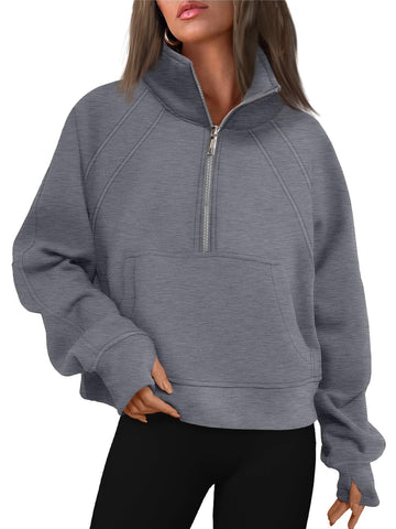 WYNNQUE Womens Quarter Zipper Pullover Oversized Sweatshirts Cropped Fleece Half Zip Hoodies Fall Clothes Sweaters Thumb Hole, Darkgrey, Large