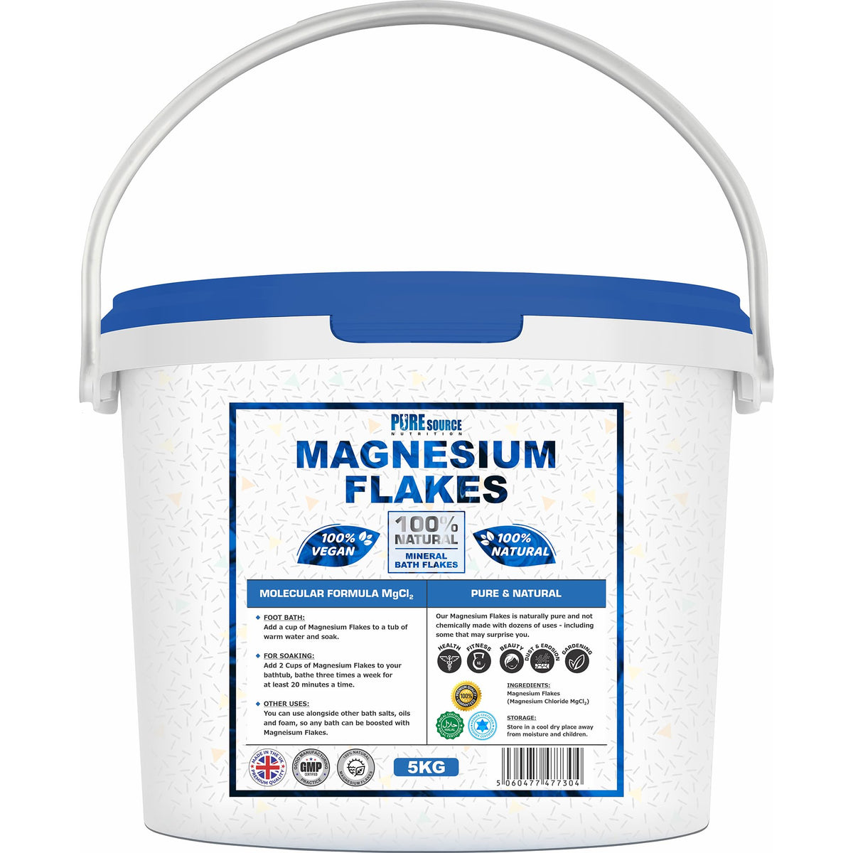 Organic Magnesium Flakes, 5kg Bucket, Pure Natural Magnesium Chloride Flakes for Bath, Dead Sea Origin, Purest Form of Magnesium Flake, Ideal for Foot and Bath Soaks by Pure Source Nutrition
