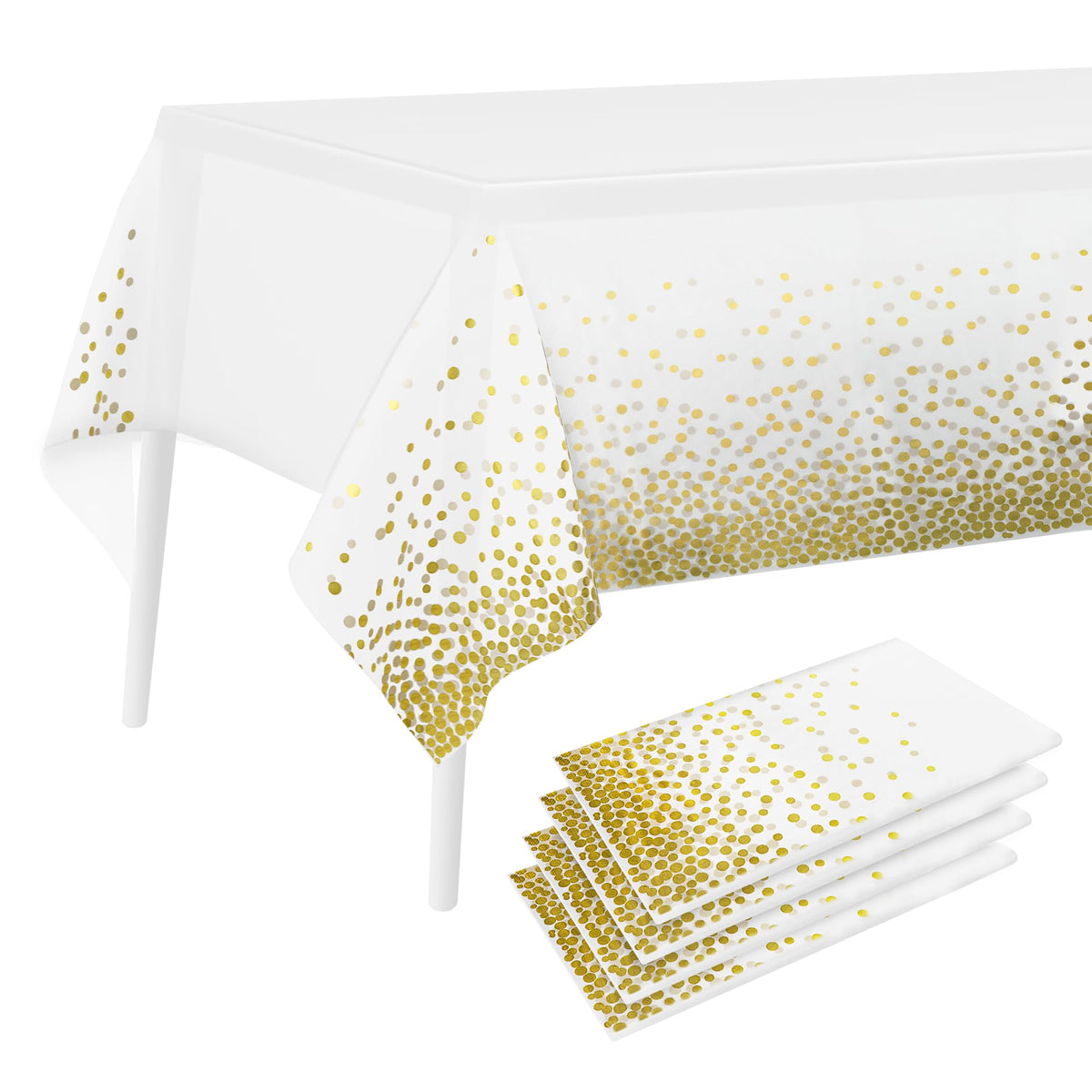 Milifox 4 Pack Disposable Plastic Tablecloth - Party Rectangle Table Cloths,137cm x 274cm White and Gold Dot Table Cover for Birthday Wedding Graduation Christmas Picnic Outdoor BBQ