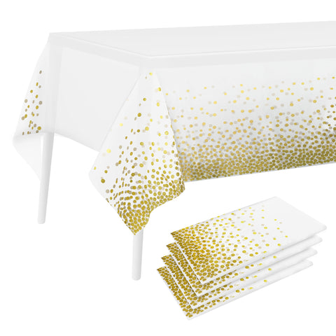Milifox 4 Pack Disposable Plastic Tablecloth - Party Rectangle Table Cloths,137cm x 274cm White and Gold Dot Table Cover for Birthday Wedding Graduation Christmas Picnic Outdoor BBQ