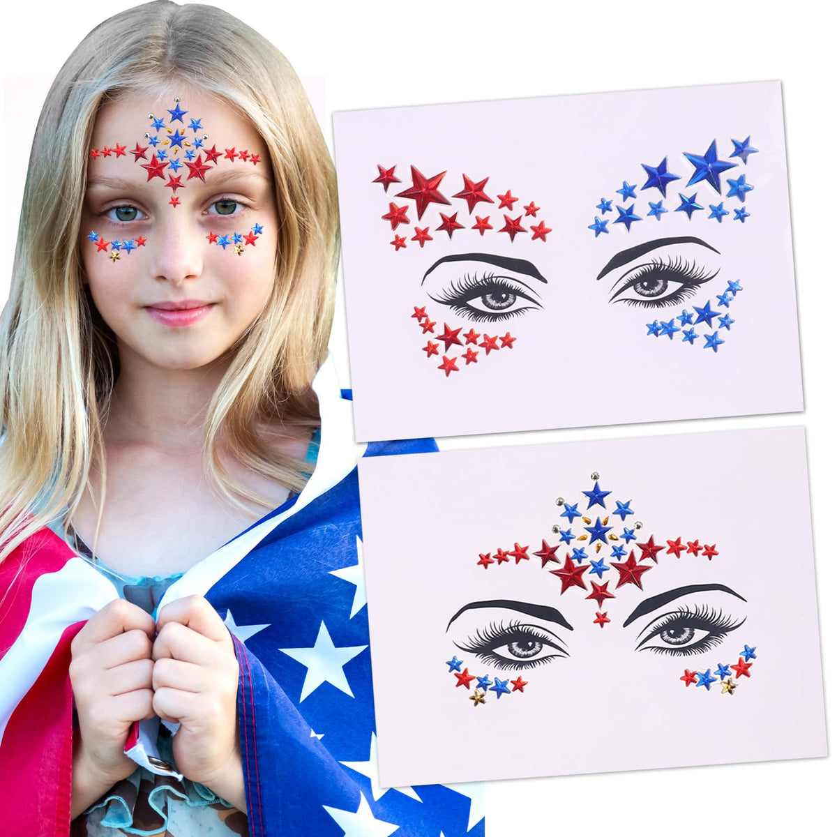Independence Day Rhinestone Face Stickers Patriotic Temporary Tattoo Stickers Gems for Face Body Red Bllue Self Adhesive Crystal Makeup Diamonds Face Tattoo Sticker Holiday Festival Party Supplies