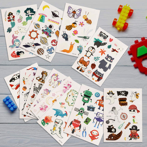 Konsait Temporary Tattoos for Kids, Glow In The Dark Mixed Style Cartoon Tattoo, Luminous Mermaid Butterfly Animal Dinosaur Pirate Car Space Fake Tattoo, Boys Girls Party Favor Supplies