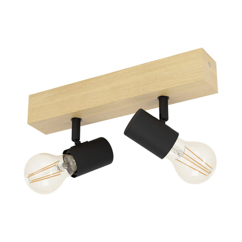 Eglo Townshend 3 Ceiling Light, 2-Flame Vintage Wall Spotlight with an Industrial/Retro Design Made of Steel and Wood, Black and Brown Colours, E27 Socket