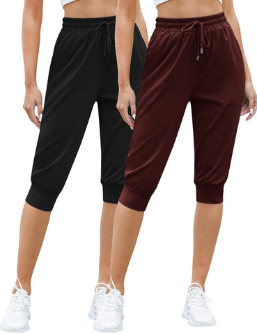Syhood 2 Pack Women Capri Sweatpants Women's Drawstring Capris Casual Cropped Jogger Pants with Pockets (Black, Burgundy, Medium)