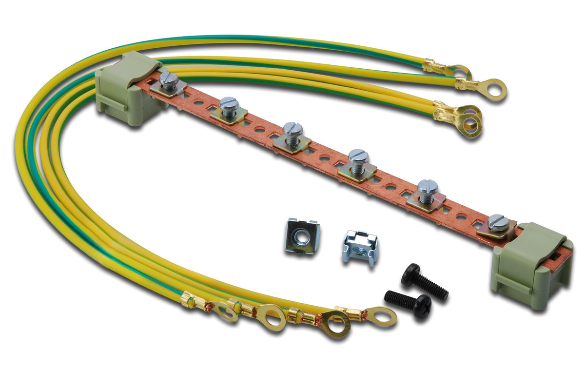 DIGITUS potential equalisation rail - for 19-inch network & server racks - for mounting on the profile rails - 220 mm - incl. four earthing cables