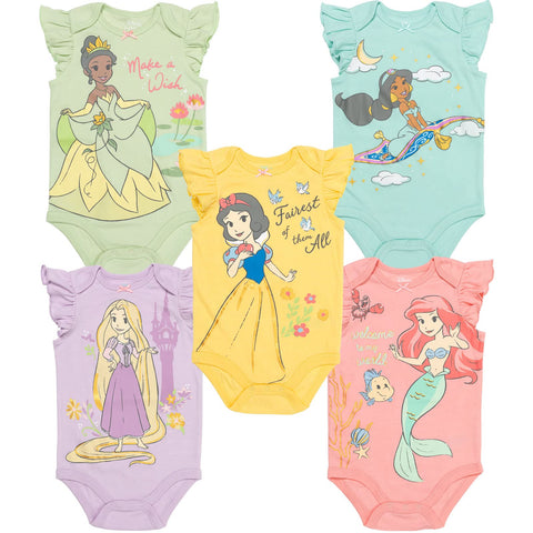 Disney Princess Ariel Tiana Jasmine Rapunzel Snow White Newborn Baby Girls 5 Pack Bodysuits Multi Newborn