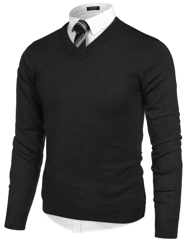 COOFANDY Men's Fashion V Neck Sweater Knit Slim Fit Long Sleeve Sweater Pullover Black