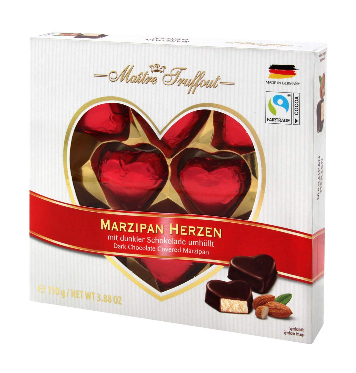MaÃ®tre Truffout Dark Chocolate Marzipan Hearts 110g - Christmas Gifts, Valentine Gifts, Mothers Day Gifts
