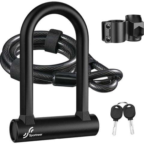 Sportneer Bike Lock, 16mm Heavy Duty Bike D Lock with 5Ft/1.2M High Security Steel Cable&Sturdy Mounting Bracket&Key Anti Theft Secure Locks for Road Bike, Electric Bike, Mountain Bike, Folding Bike