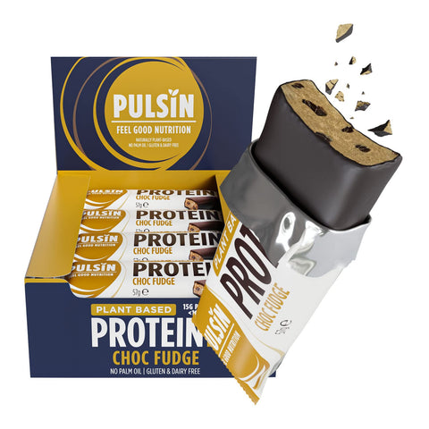 Pulsin - Choc Fudge Vegan Protein Bars - 12 x 57g - 14.8g Protein, 13.9g Fibre, 227 Kcal Per Serving - Gluten Free, Palm Oil Free & Dairy Free Snack Bar