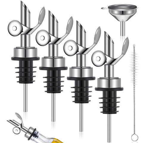 Tioncy 4 Pieces Weighted Stainless Steel Pourers Olive Oil Spout Olive Oil Dispenser Spout Automatic Opening and Closing Spout with Funnel and Brush for Pouring Wine Syrup Oil Kitchen (Silver)