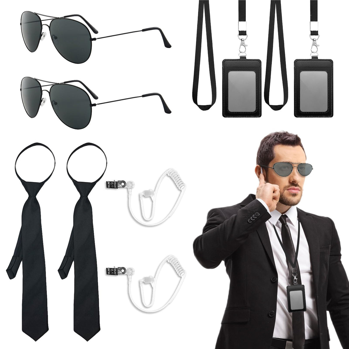 FUIPVGI 10 Pcs Agent Accessories Set, Chauffeur Costume Accessories Set, with Sunglasses, Tie, Card Holder, Earpiece Tube, Security Guard Cosplay Kit, Dress Up Role Play Set, for Film Party (Black)