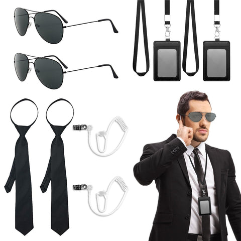 FUIPVGI 10 Pcs Agent Accessories Set, Chauffeur Costume Accessories Set, with Sunglasses, Tie, Card Holder, Earpiece Tube, Security Guard Cosplay Kit, Dress Up Role Play Set, for Film Party (Black)