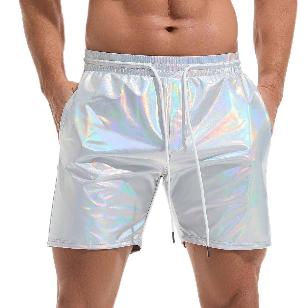 Amy Coulee Metal Shorts Men's Shiny Night Club Disco Party Shiny Shorts, Bright silver, XL