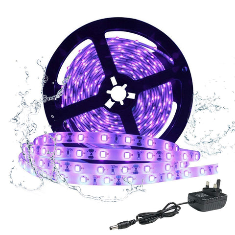 LightingWill 24W UV Black Light LED Strip, Ultraviolet Waterproof IP65 16.4FT/5M 3528 300LEDs 395nm-405nm BlackLight DJ Bar Club party Decor Night Fishing Sterilization with 12V 2A Power Supply