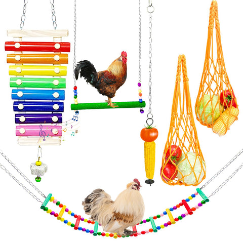 6 PCS Chicken Toys for Coop Hens, Chicken Xylophone with Grinding Stone Chicken Swing Flexible Ladder String Bag Vegetable Skewer String Feeder for Parrot Bird