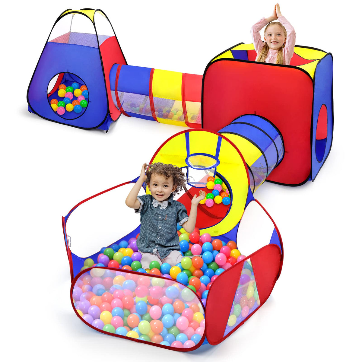Opret Play Tent for Kids, 4 in 1 Pop Up Tent and Tunnels Foldable Playhouse Ball Pit for Toddler Crawling with Portable Zipper Storage Bag, Birthday Gift for Boys and Girls