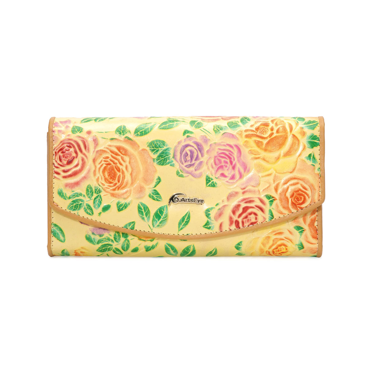 ArtsEye Women's Rose Embossed Genuine Leather Large Trifold Wallet Clutch Purse (Yellow)