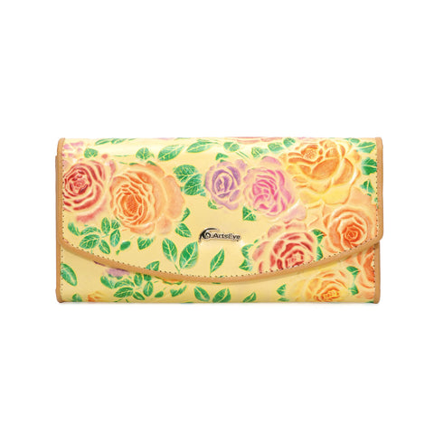 ArtsEye Women's Rose Embossed Genuine Leather Large Trifold Wallet Clutch Purse (Yellow)