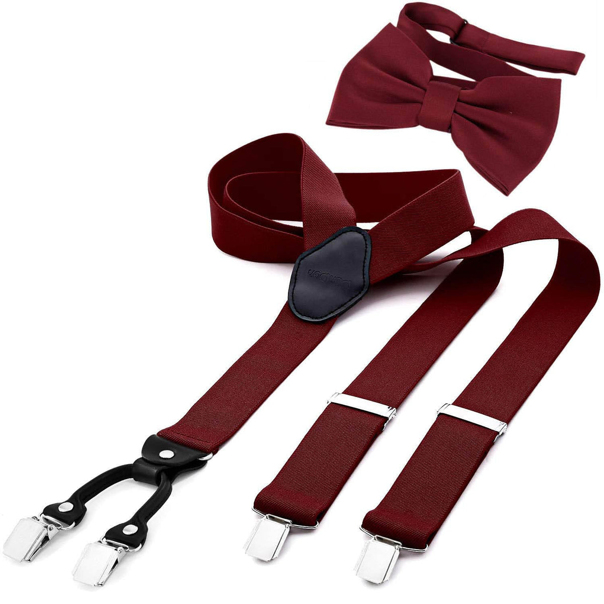 DonDon Menâ€™s 1,38" wide Y style elastic and adjustable braces suspenders as a 2-piece set with matching colour bowtie 4.72 x 2.36 - Dark red