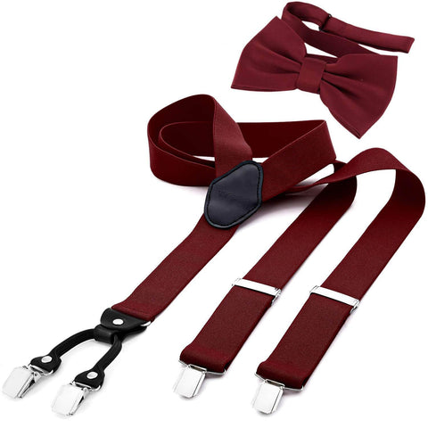 DonDon Menâ€™s 1,38" wide Y style elastic and adjustable braces suspenders as a 2-piece set with matching colour bowtie 4.72 x 2.36 - Dark red