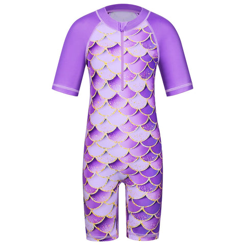 ZNYUNE Girls' One-Piece Swimming Costume Sun Protection Swimwear Kids Long Sleeve Swimsuit, 376 Mermaid Purple, 8-10 Years