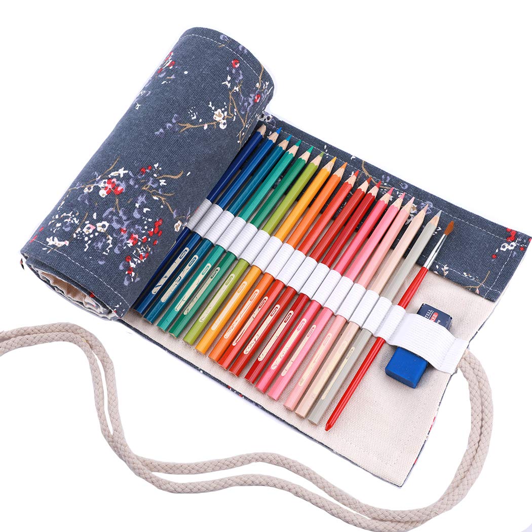 Amoyie Roll Up Case for 72 Coloring Pencil, Canvas Pencil Storage Bag Pencil Wrap - Blue Flower (no Pencil Included) - Grey Plum