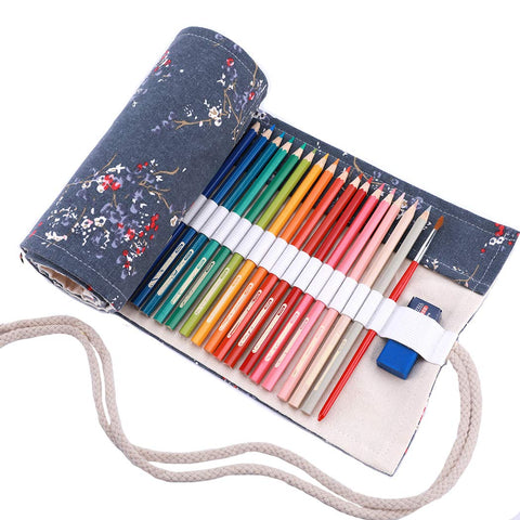 Amoyie Roll Up Case for 72 Coloring Pencil, Canvas Pencil Storage Bag Pencil Wrap - Blue Flower (no Pencil Included) - Grey Plum