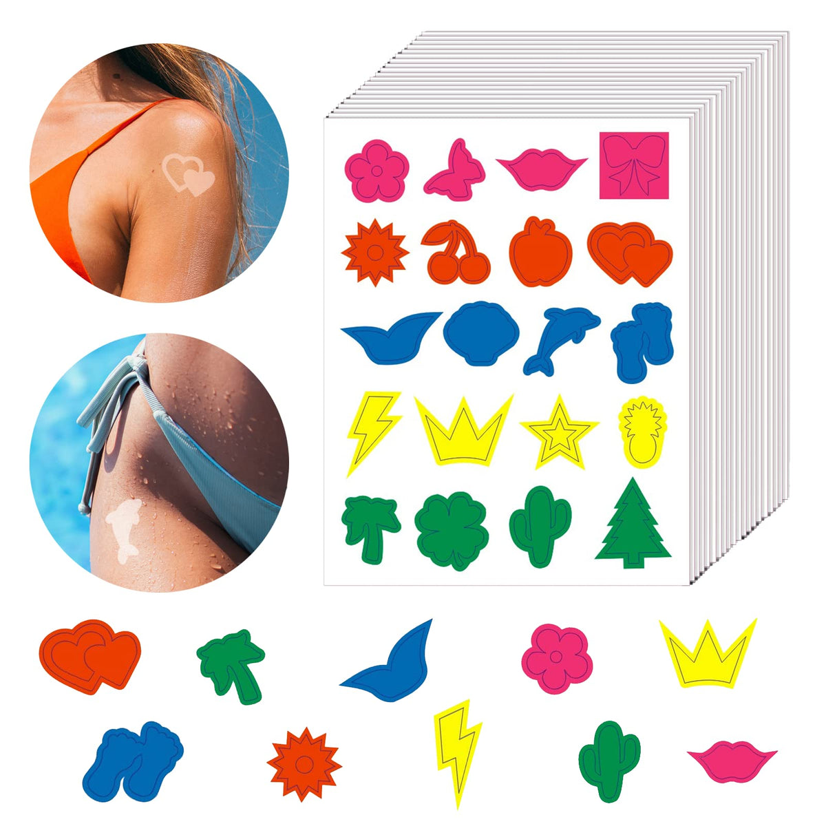 400 Pieces Tanning Stickers for Body, 20 Styles Tan Stickers Self Adhesive Sun Tattoo Sticker Heart Butterfly Dolphin Tanning Bed Accessories for Indoor Tanning Beds