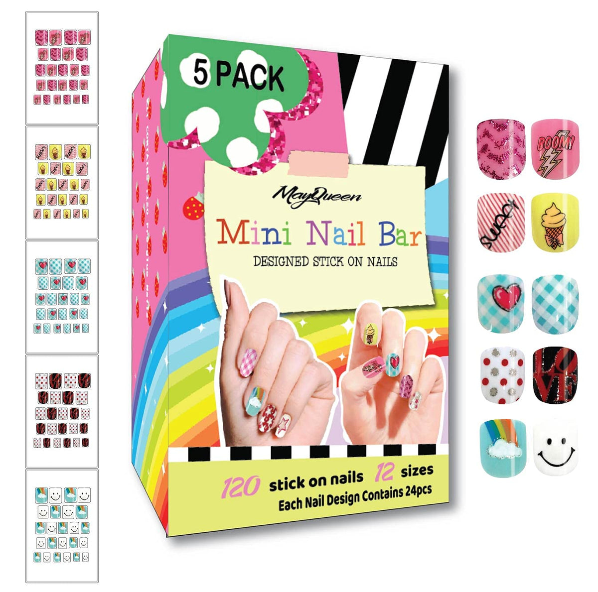 MayQueen 120 PCS 5 Pack Children Acrylic Press On Pre-Glued Full Cover False Nail Kits for Kids (Mini Nail Bar)